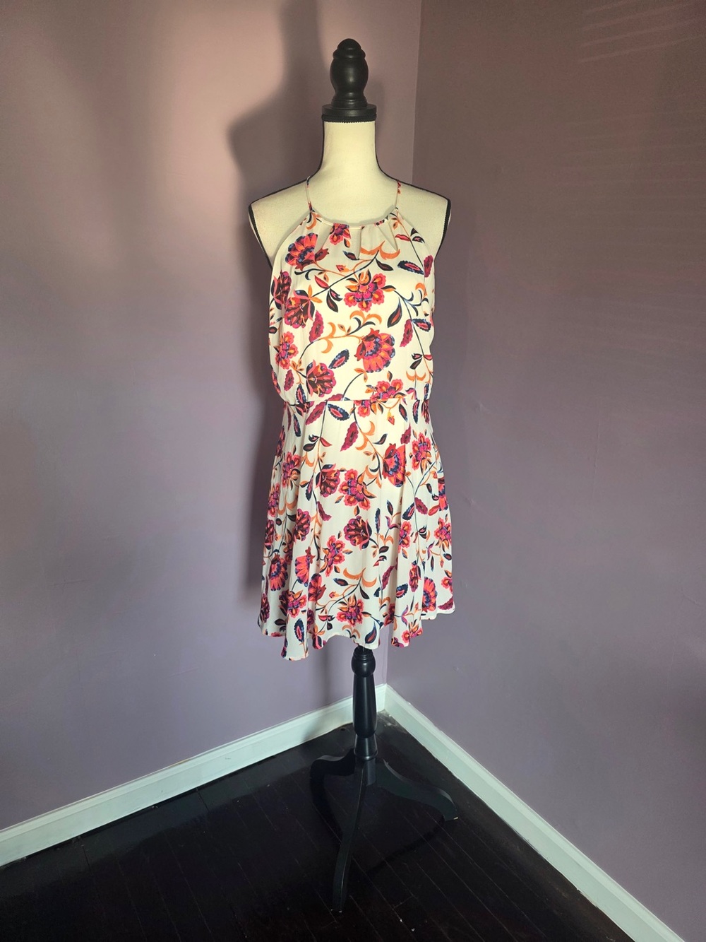 Express Floral Halter Mini Dress in Ivory with Pink & Orange Blooms